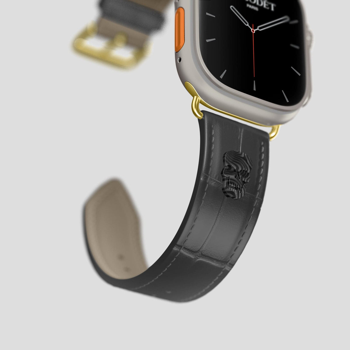 Grey Apple Watch Ultra Classic Strap with Carbon Skull Alligator with Gold Metal -4 | Grey-Gold