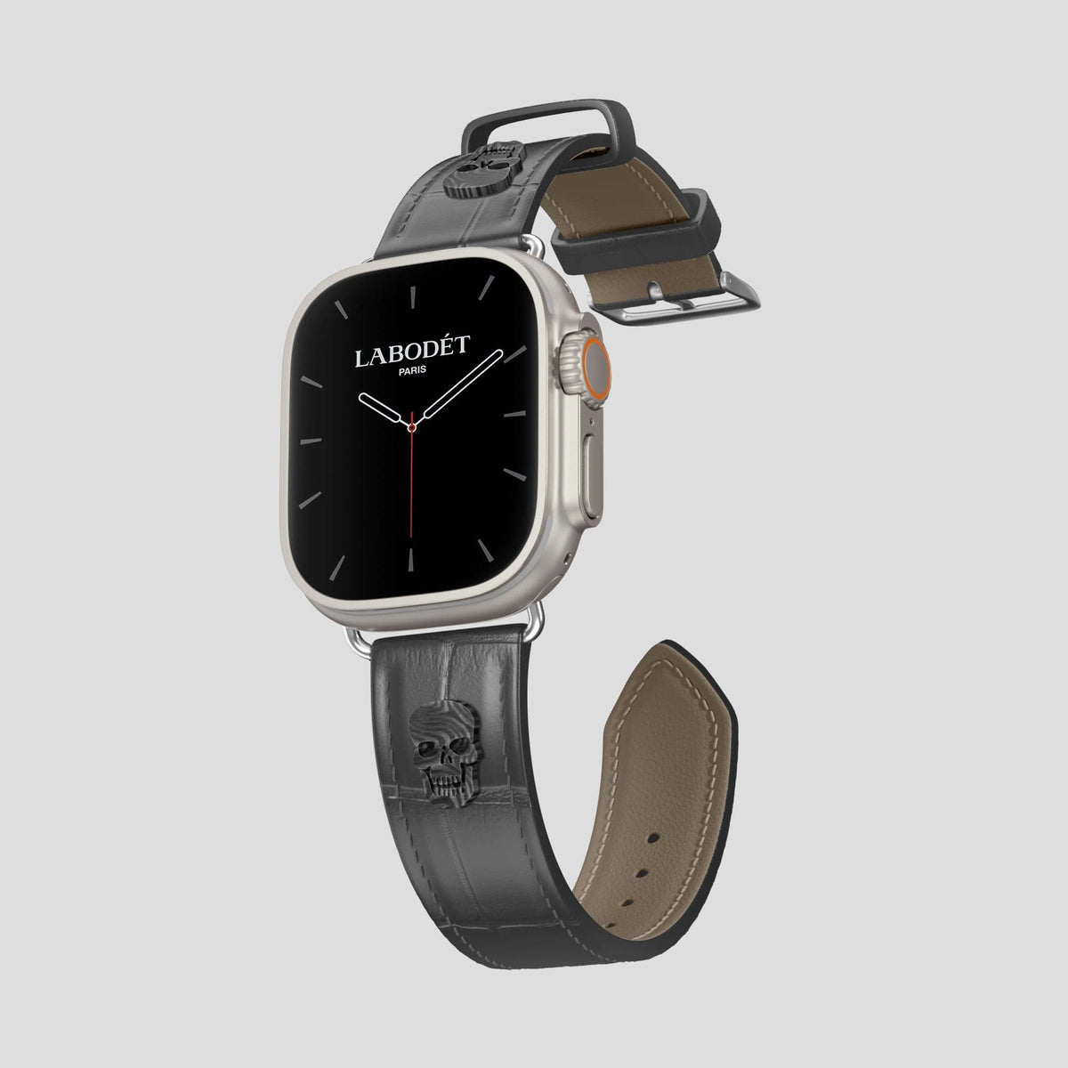 Grey Apple Watch Ultra Classic Strap with Carbon Skull Alligator with Steel Metal -1 | Grey-Steel