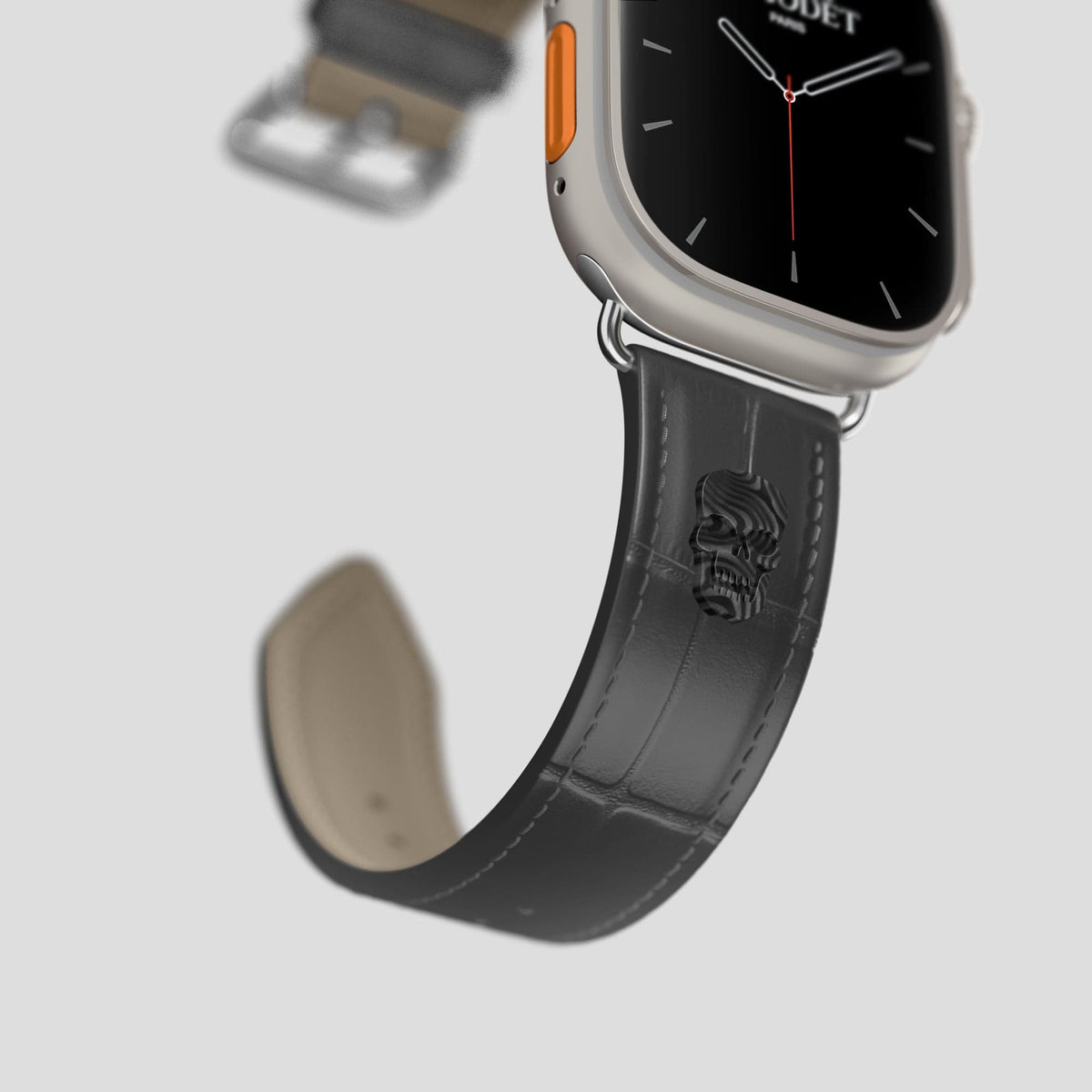 Grey Apple Watch Ultra Classic Strap with Carbon Skull Alligator with Steel Metal -4 | Grey-Steel