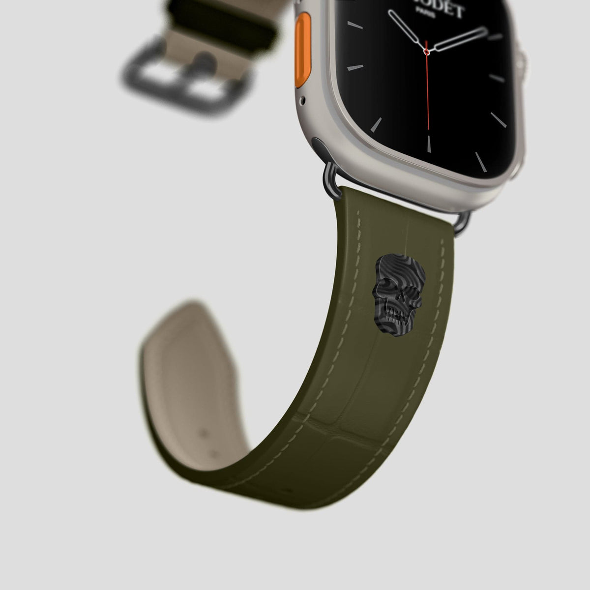 Kaki-Green Apple Watch Ultra Classic Strap with Carbon Skull Alligator with Black Metal -4 | Kaki-Green-Black