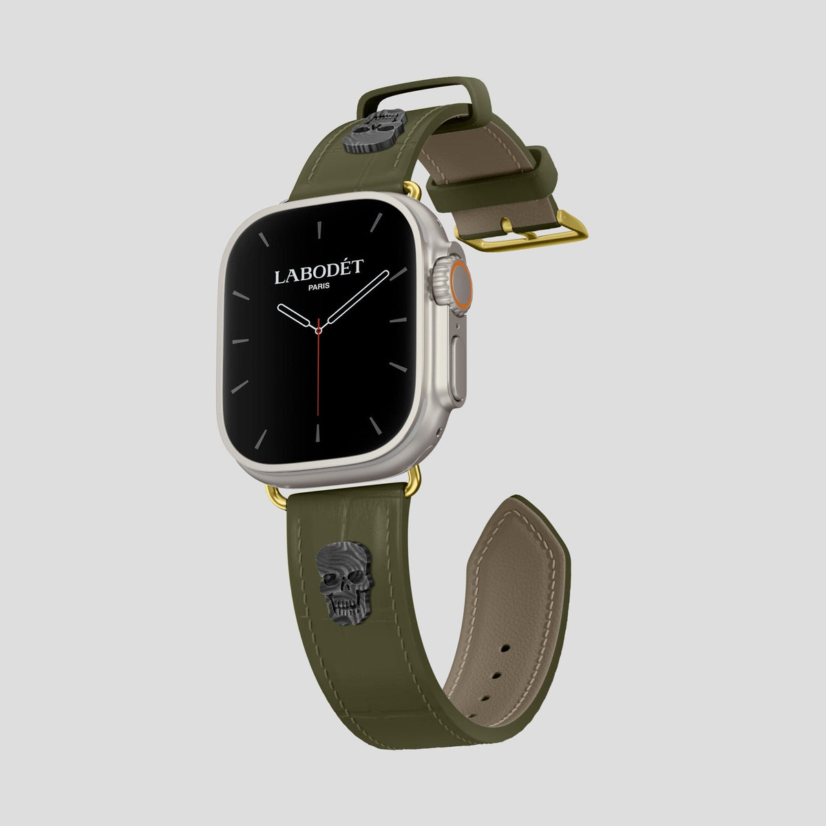 Kaki-Green Apple Watch Ultra Classic Strap with Carbon Skull Alligator with Gold Metal -1 | Kaki-Green-Gold