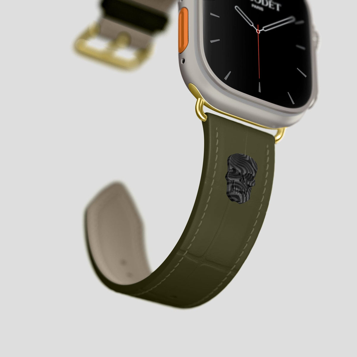Kaki-Green Apple Watch Ultra Classic Strap with Carbon Skull Alligator with Gold Metal -4 | Kaki-Green-Gold