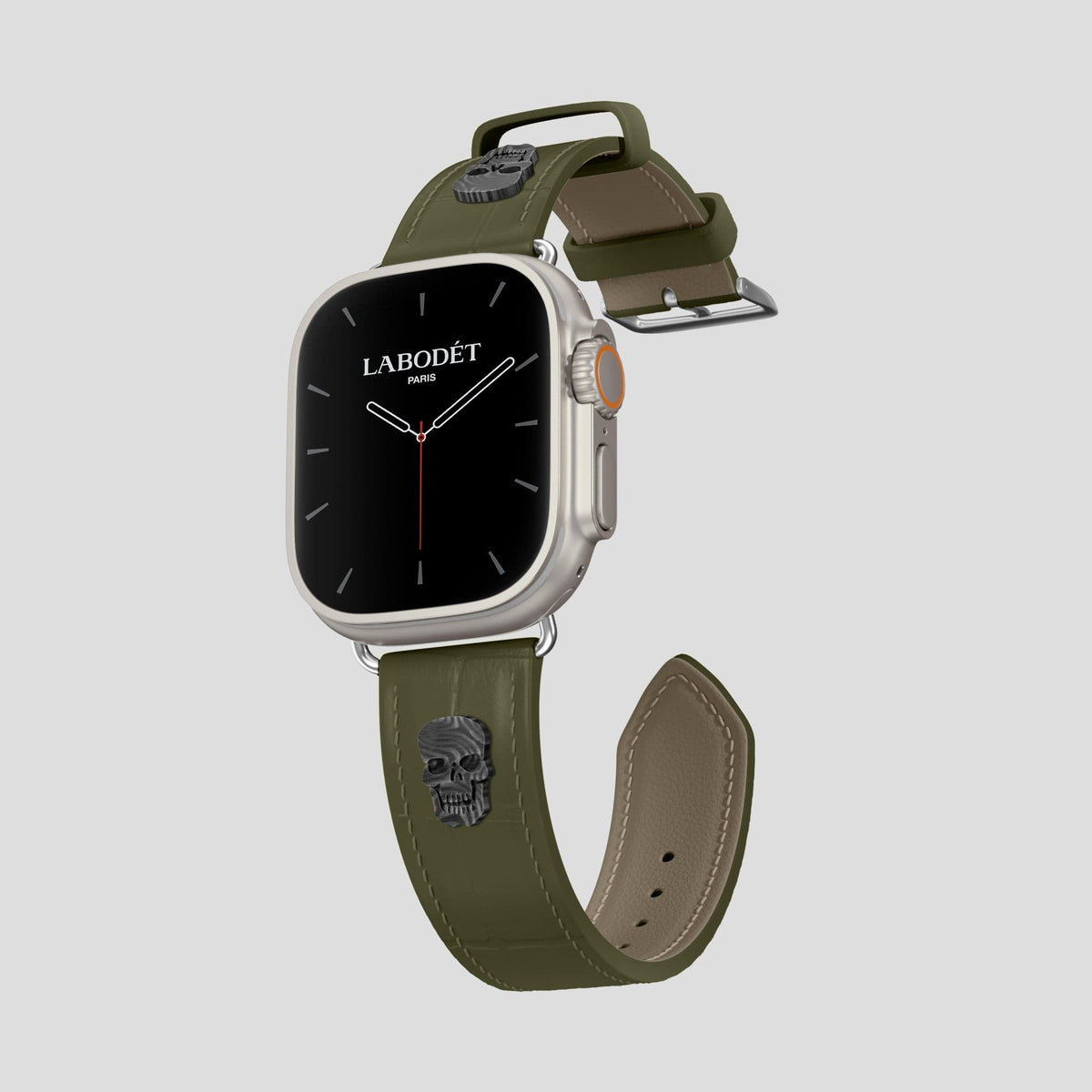 Kaki-Green Apple Watch Ultra Classic Strap with Carbon Skull Alligator with Steel Metal -1 | Kaki-Green-Steel