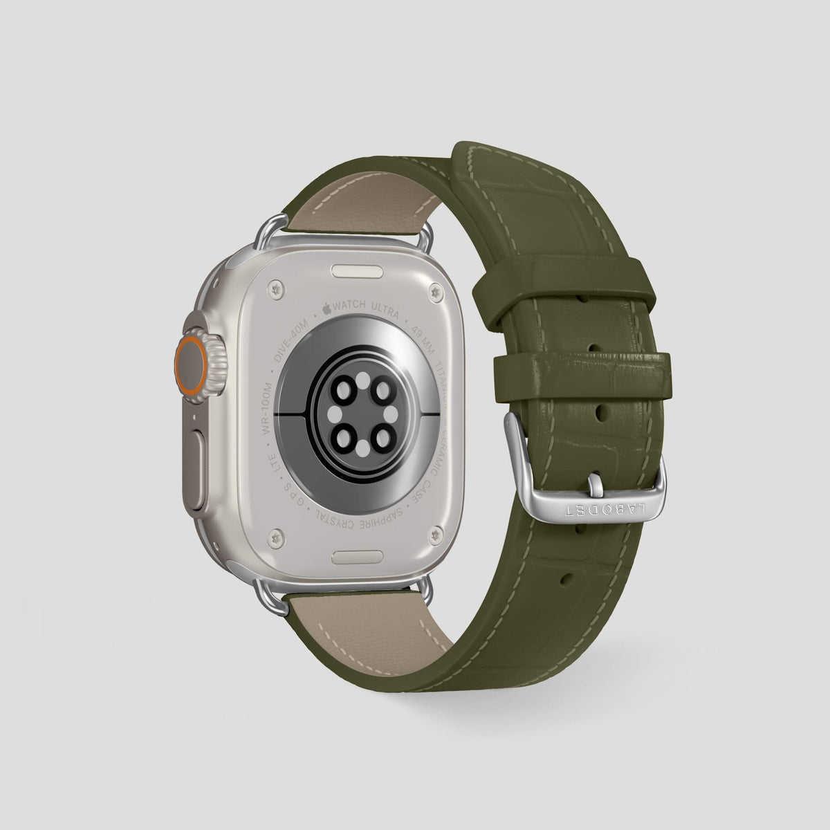 Kaki-Green Apple Watch Ultra Classic Strap with Carbon Skull Alligator with Steel Metal -3 | Kaki-Green-Steel