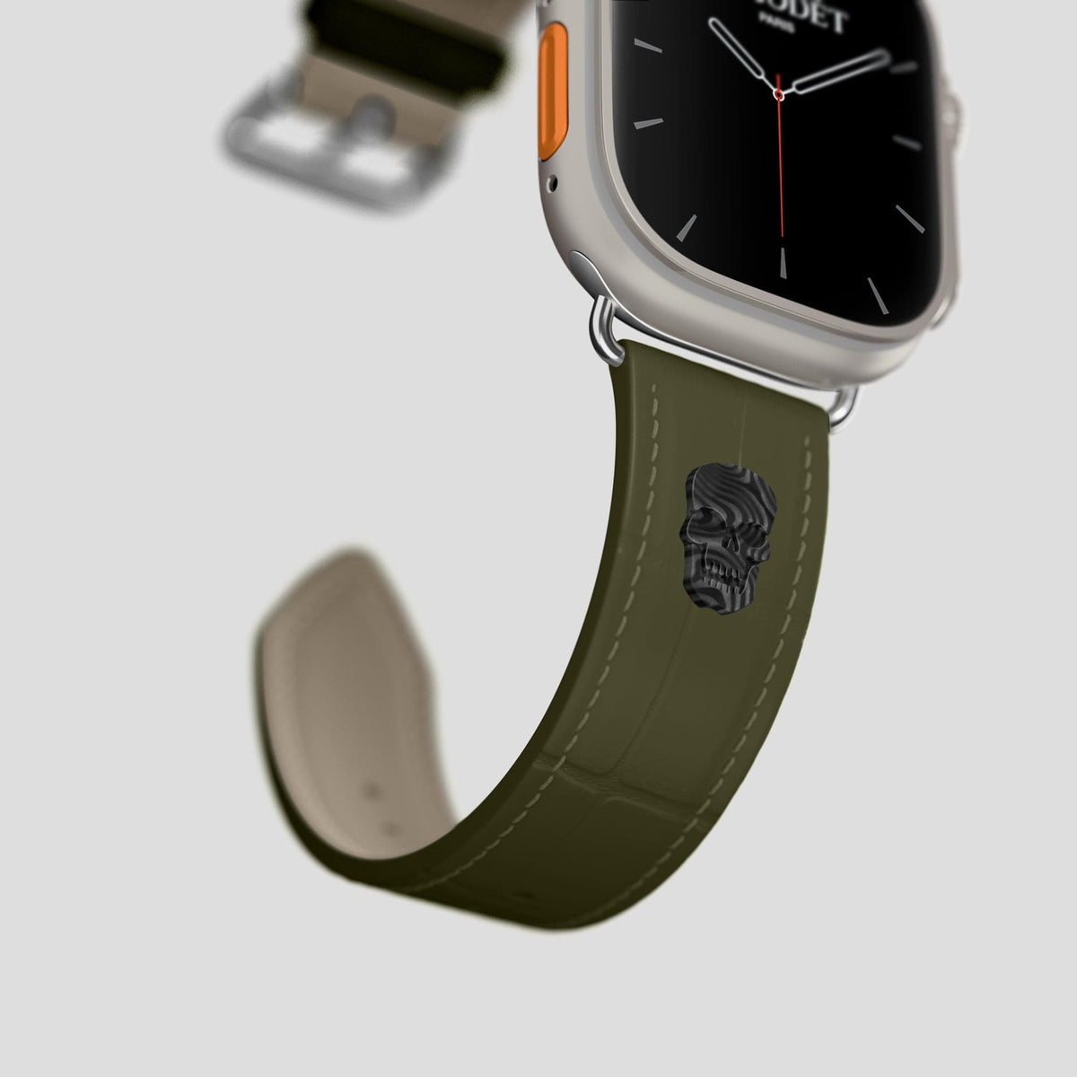 Kaki-Green Apple Watch Ultra Classic Strap with Carbon Skull Alligator with Steel Metal -4 | Kaki-Green-Steel