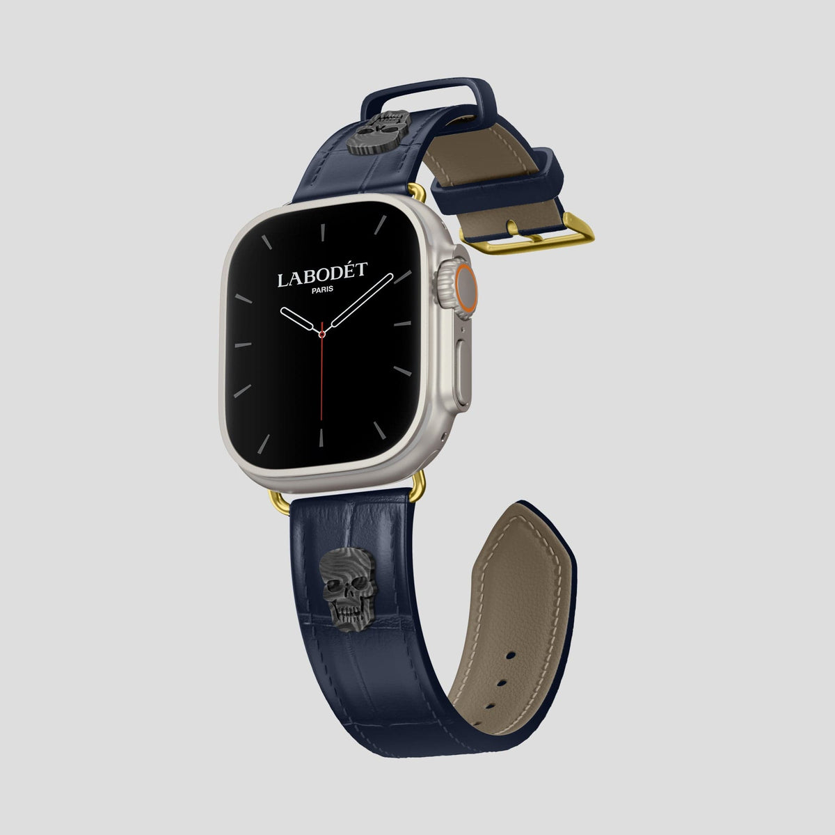 Navy Blue Apple Watch Ultra Classic Strap with Carbon Skull Alligator with Gold Metal -1 | Navy-Blue-Gold