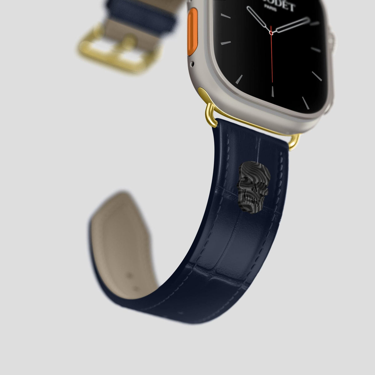Navy Blue Apple Watch Ultra Classic Strap with Carbon Skull Alligator with Gold Metal -4 | Navy-Blue-Gold