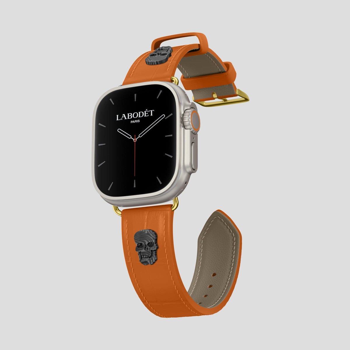 Orange Apple Watch Ultra Classic Strap with Carbon Skull Alligator with Gold Metal -1 | Orange-Gold