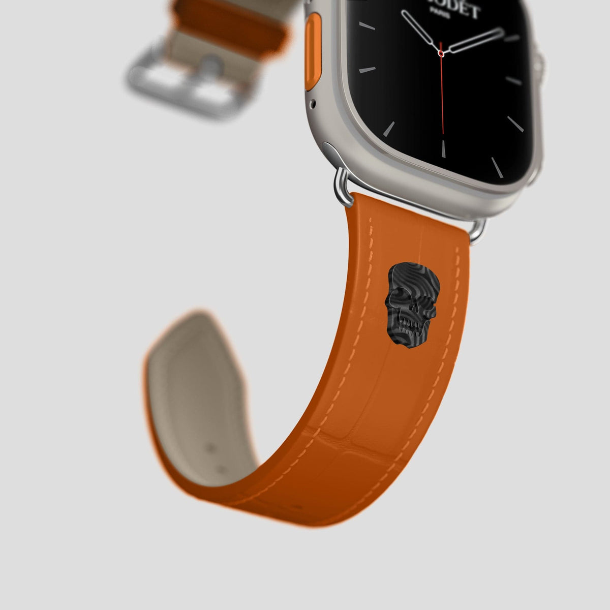 Orange Apple Watch Ultra Classic Strap with Carbon Skull Alligator with Steel Metal -4 | Orange-Steel