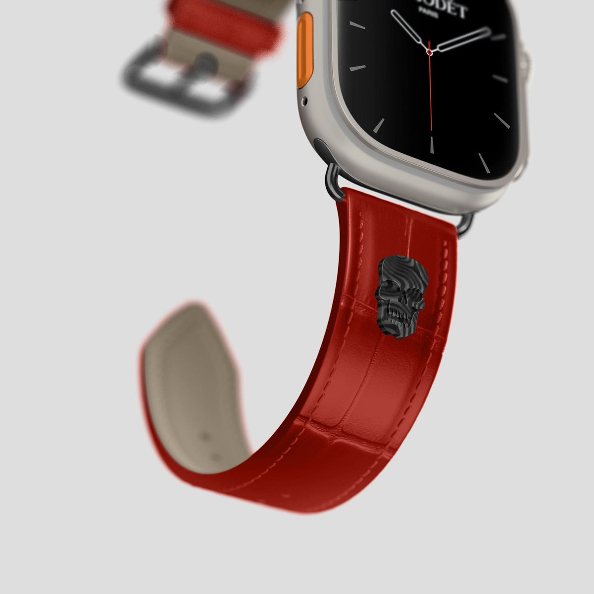 Red Apple Watch Ultra Classic Strap with Carbon Skull Alligator with Black Metal -4 | Red-Black