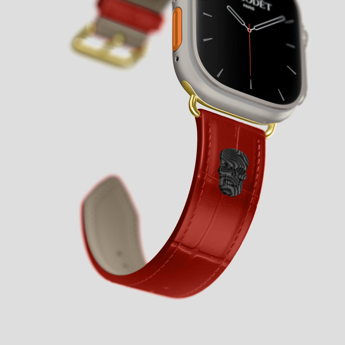 Red Apple Watch Ultra Classic Strap with Carbon Skull Alligator with Gold Metal -4 | Red-Gold