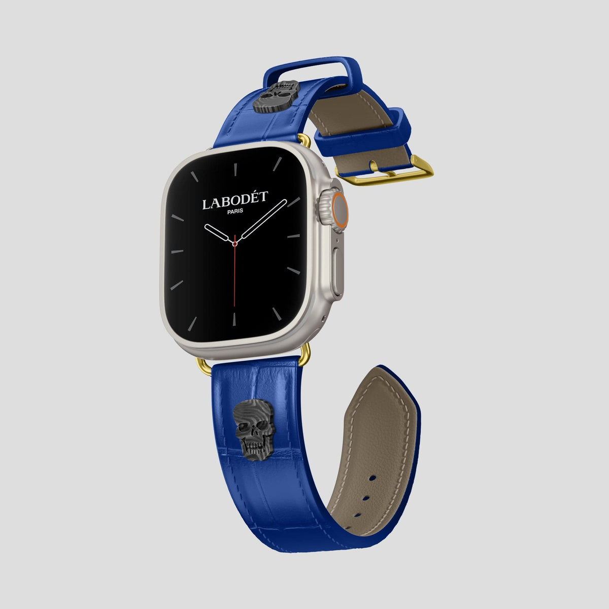 Royal Blue Apple Watch Ultra Classic Strap with Carbon Skull Alligator with Gold Metal -1 | Royal-Blue-Gold