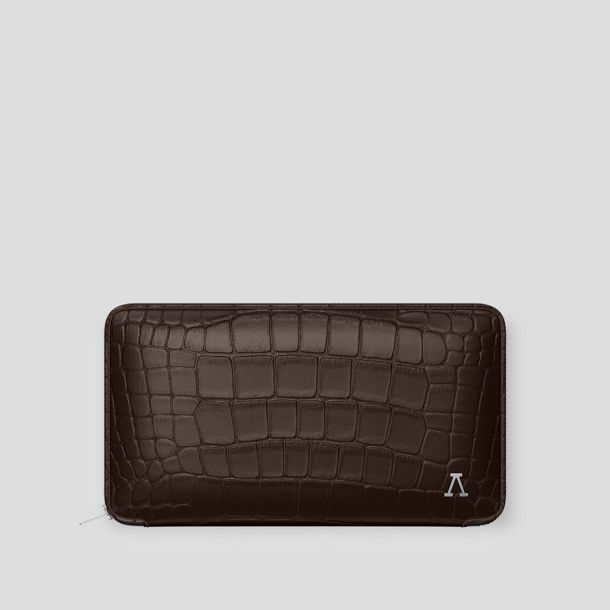 Dark Brown Zip Wallet Case Alligator with Steel Metal -1 | Dark-Brown-Steel