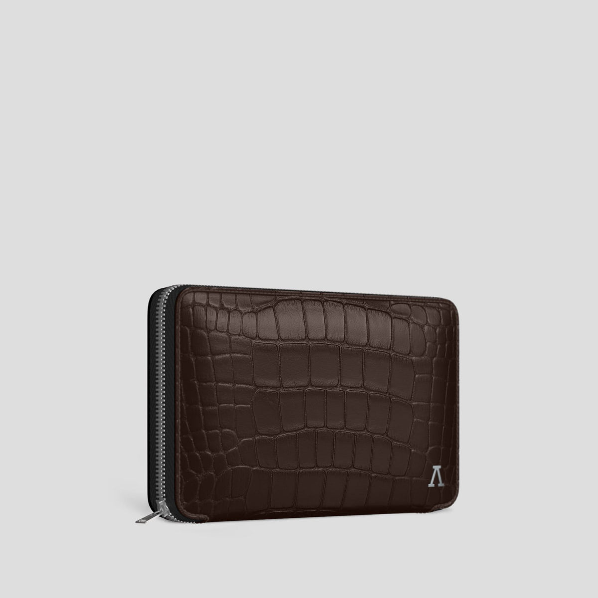 Dark Brown Zip Wallet Case Alligator with Steel Metal -2 | Dark-Brown-Steel