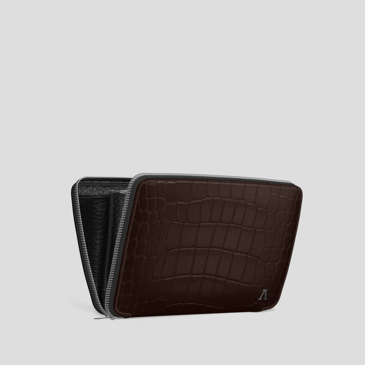 Dark Brown Zip Wallet Case Alligator with Steel Metal -4 | Dark-Brown-Steel