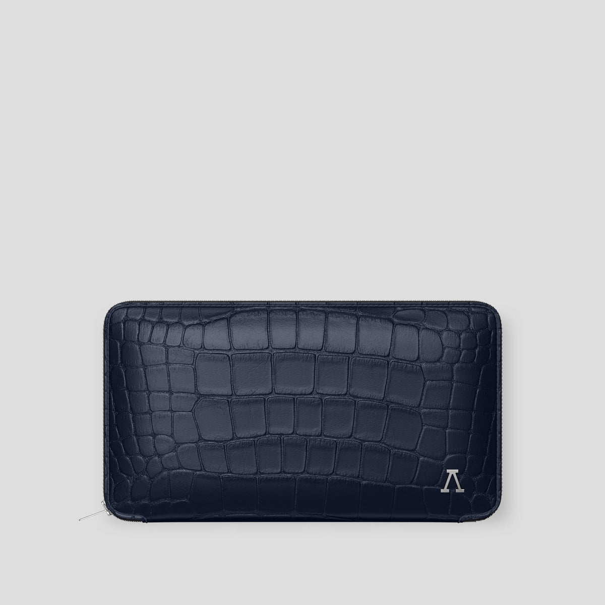 Navy Blue Zip Wallet Case Alligator with Steel Metal -1 | Navy-Blue-Steel