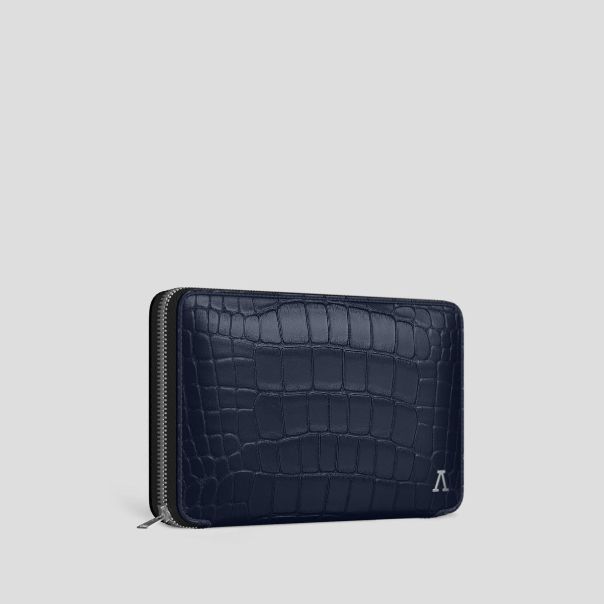 Navy Blue Zip Wallet Case Alligator with Steel Metal -2 | Navy-Blue-Steel