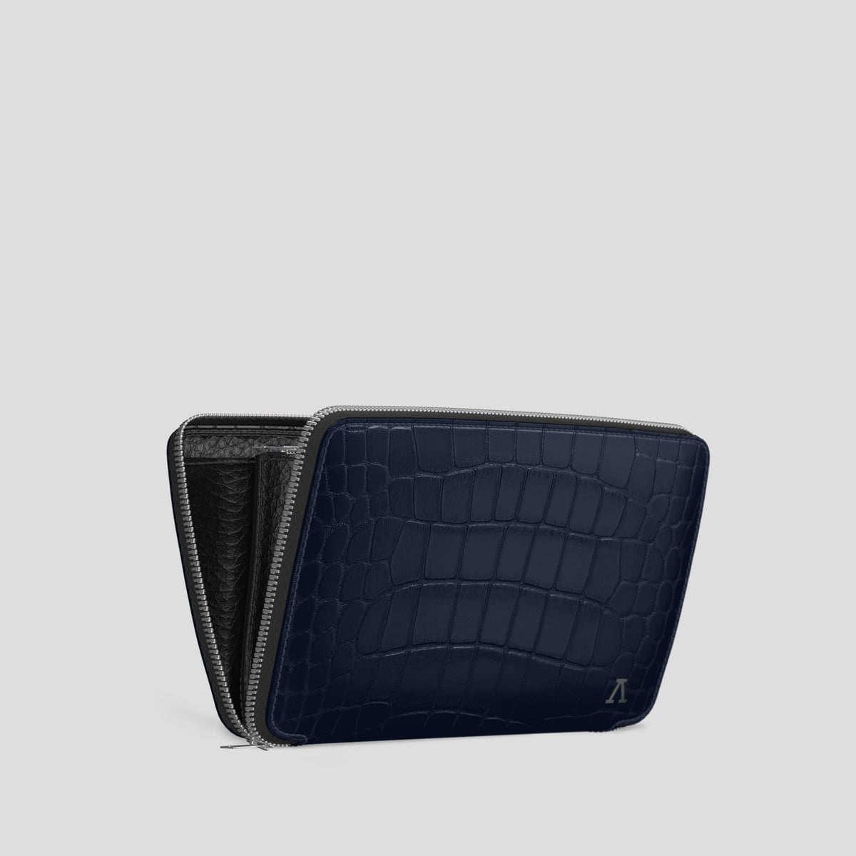Navy Blue Zip Wallet Case Alligator with Steel Metal -4 | Navy-Blue-Steel