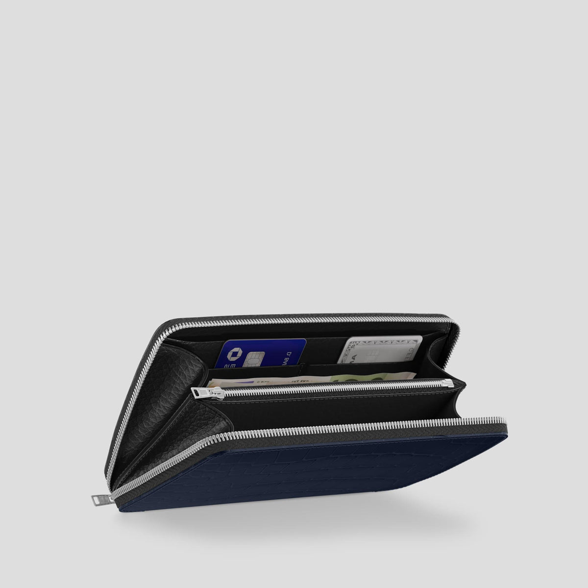 Navy Blue Zip Wallet Case Alligator with Steel Metal -5 | Navy-Blue-Steel